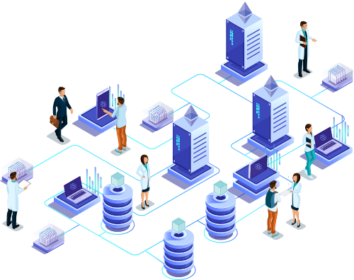 A image of many people standing on different ends of a network of wires, used to show how a blockchain connects people through financial transactions.